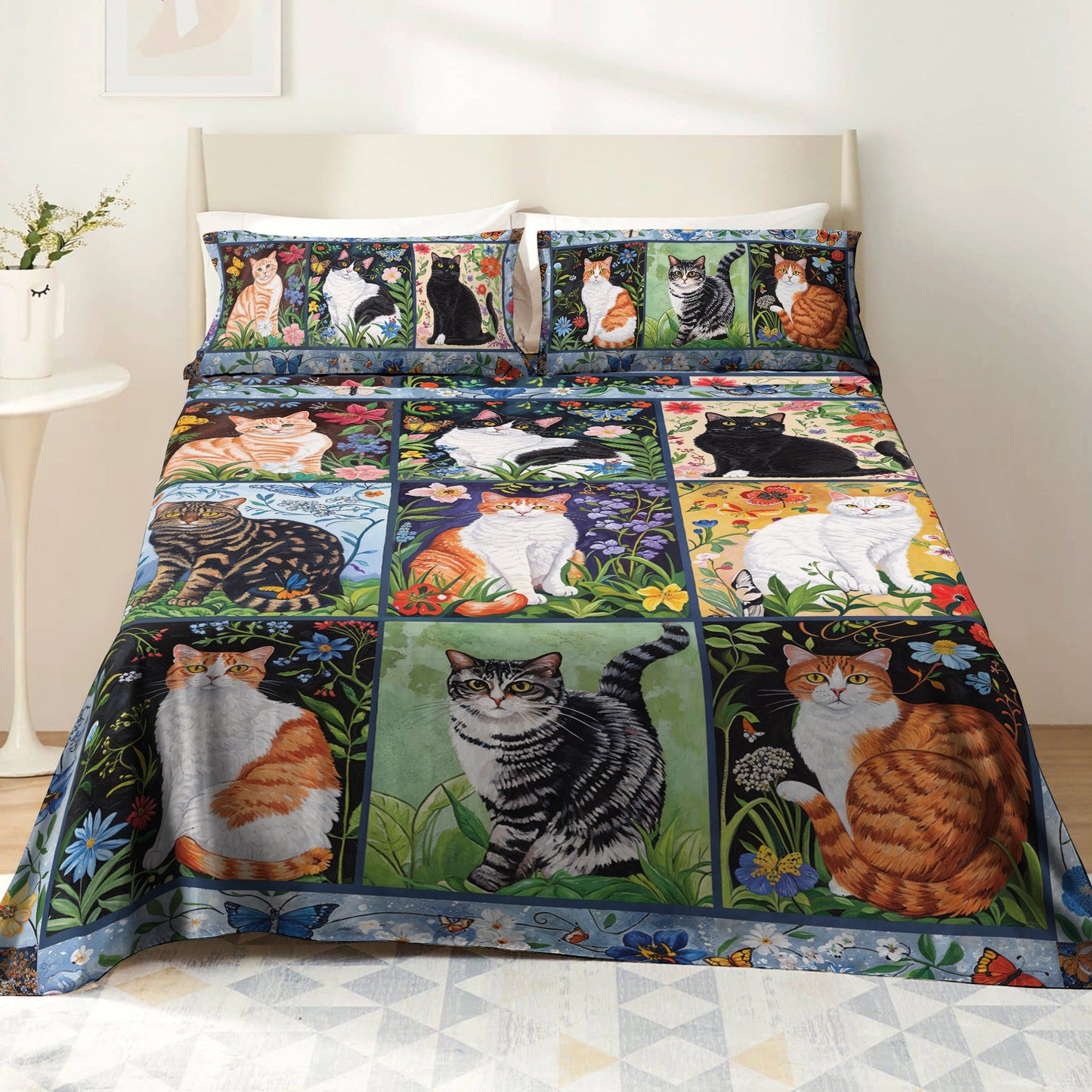 Shineful 4-Piece Bed Sheet Set Floral Felines