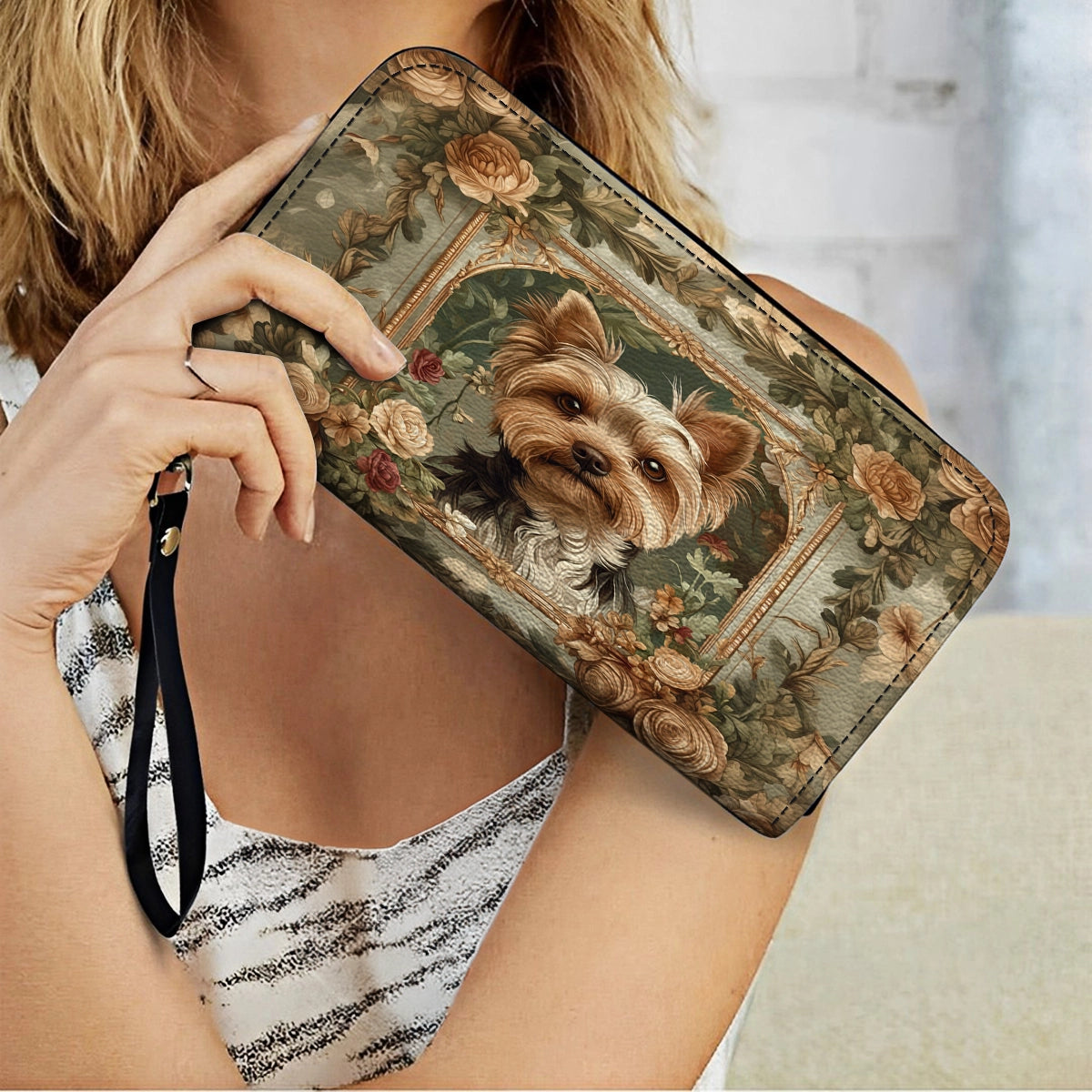 Shineful Leather Clutch Purse With Wristlet Strap Handle Luxe Yorkie Companion