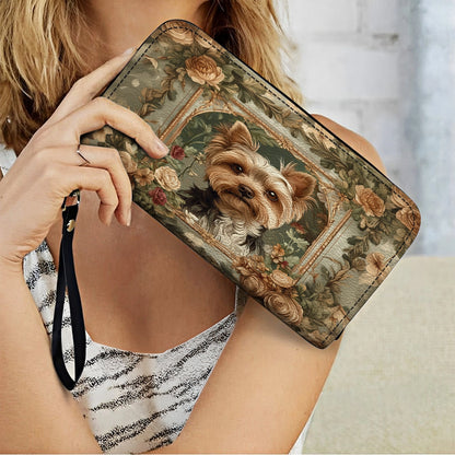 Shineful Leather Clutch Purse With Wristlet Strap Handle Luxe Yorkie Companion