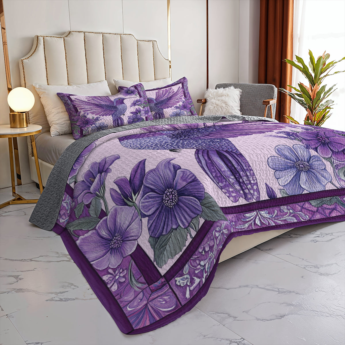 Shineful All Season Quilt 3-Piece Set Purple Hummingbird