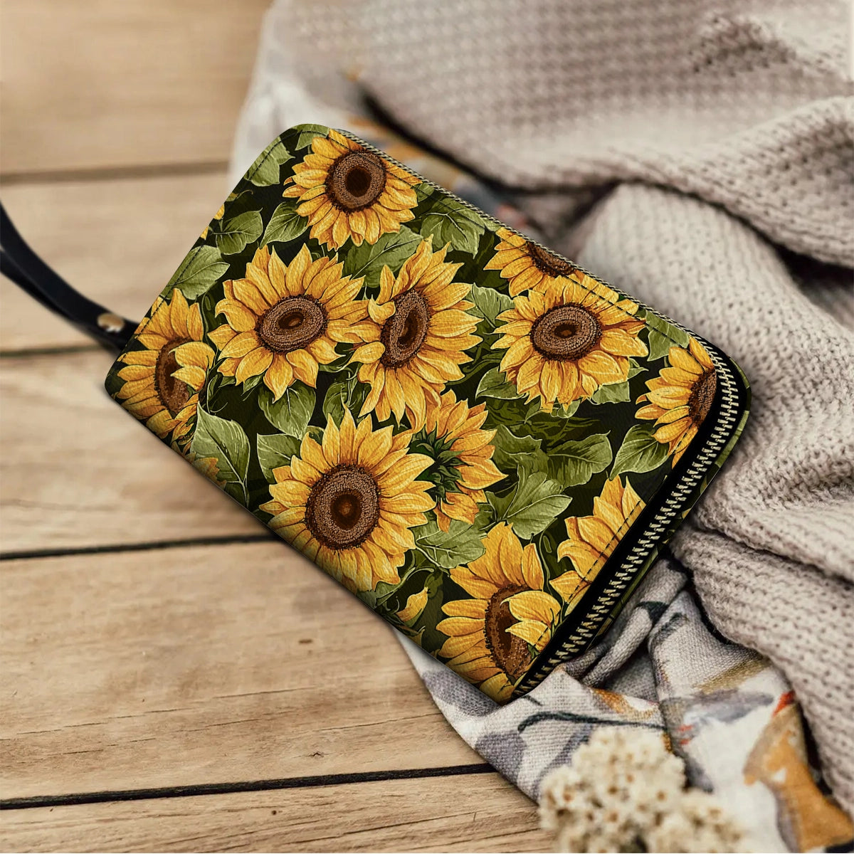 Shineful Leather Clutch Purse With Wristlet Strap Handle Sunflower Slumber