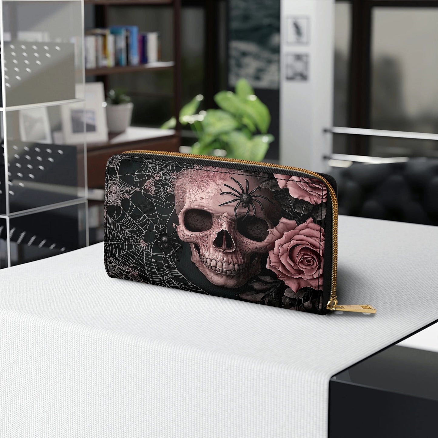 Shineful Leather Clutch Purse With Wristlet Strap Handle Eternal Bloom Skull