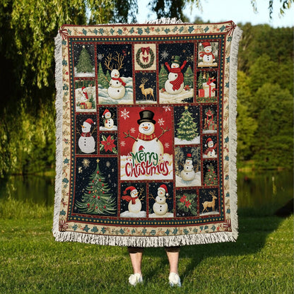 Shineful Woven Tapestry Throw Blanket Merry Snowmen Christmas