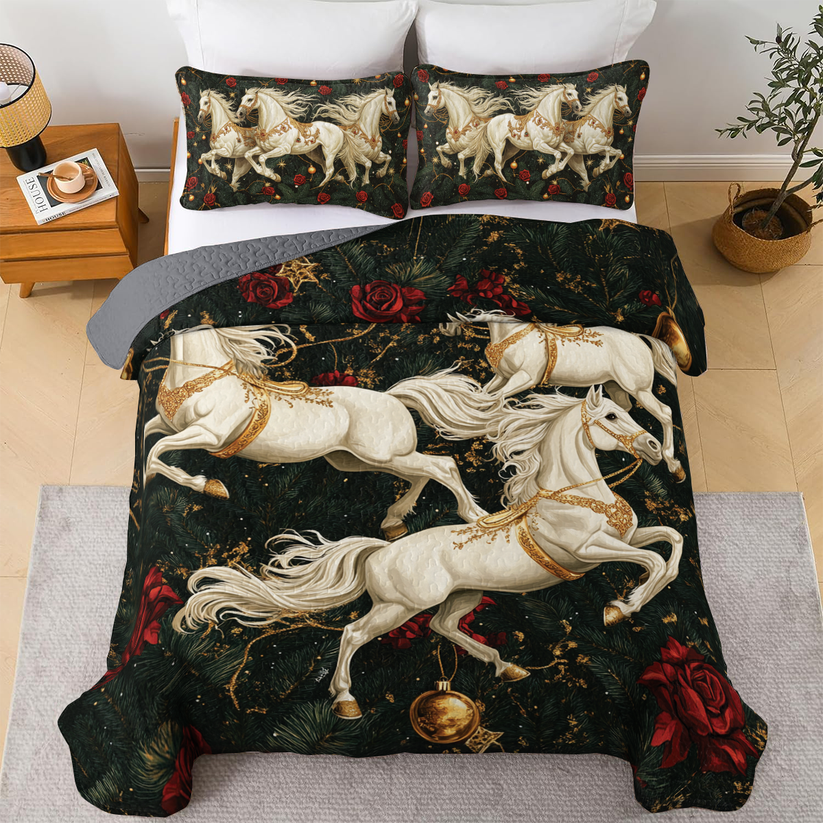 Shineful All Season Quilt 3-Piece Set - Fantasy Rose Garden with Christmas Horses