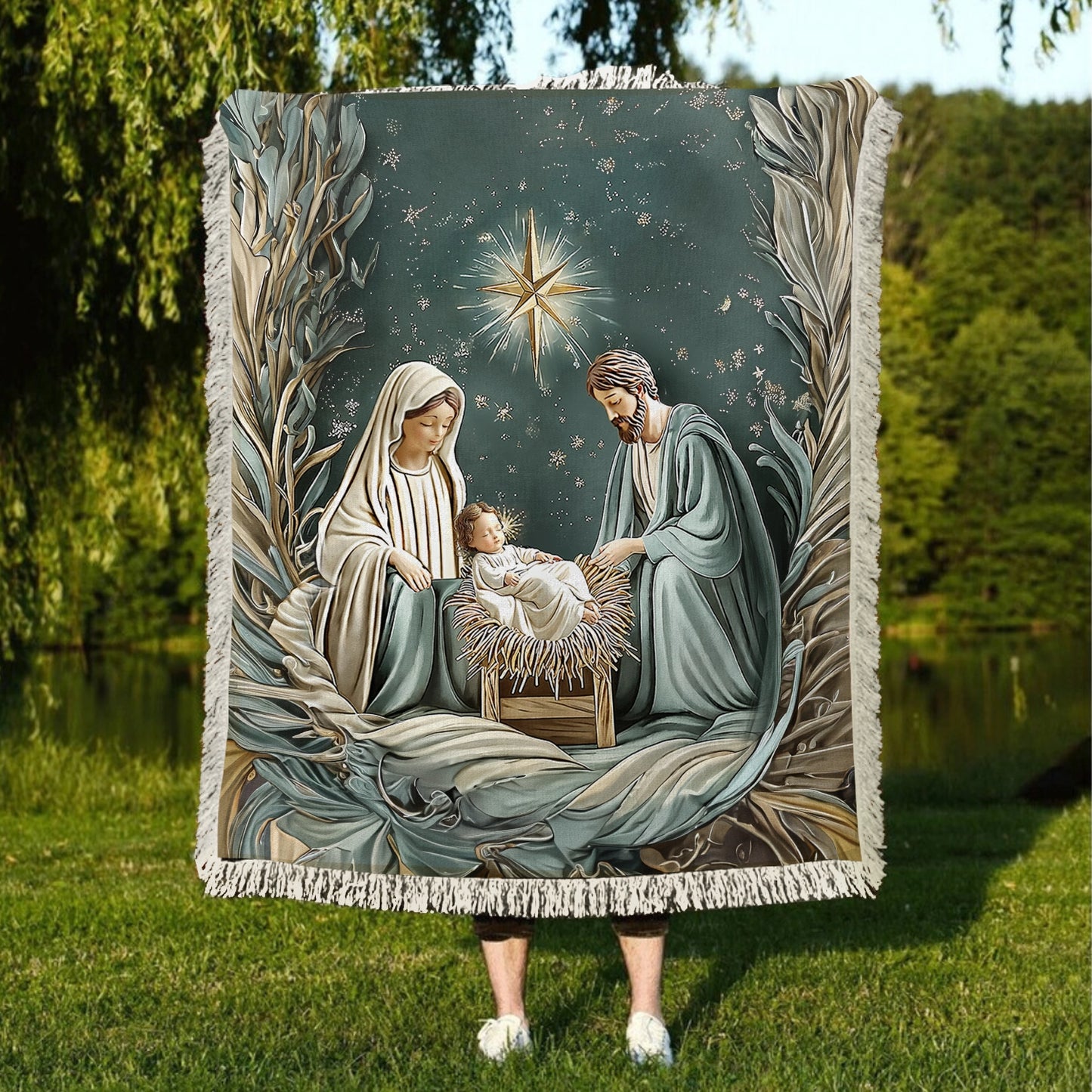 Shineful Woven Tapestry Throw Blanket - Divine Silent Night Nativity