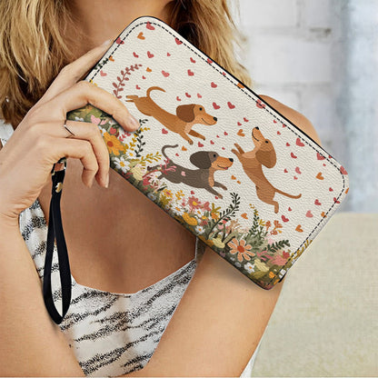 Shineful Leather Clutch Purse With Wristlet Strap Handle Floral Dachshund With Heart