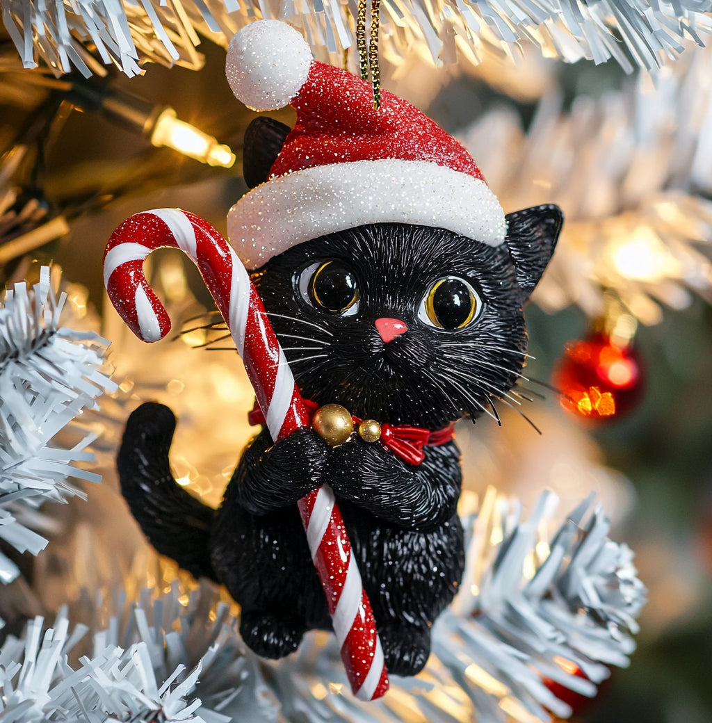 Glänzendes 2D-Acryl-Ornament „Weihnachten, schwarze Katze“