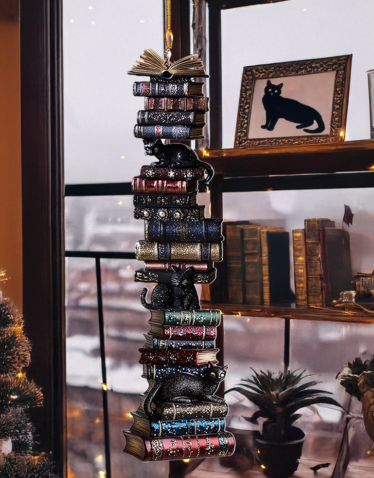 Shineful 2D Acrylic Ornament - Vintage Bookstack & Black Cat