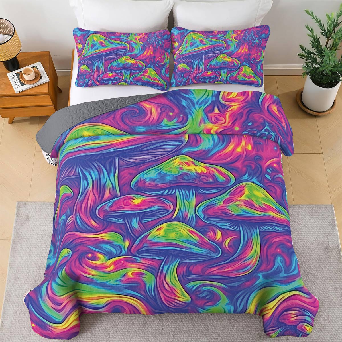 Shineful All Season Quilt 3-Piece Set - Dreamscape Psychedelic Mushroom