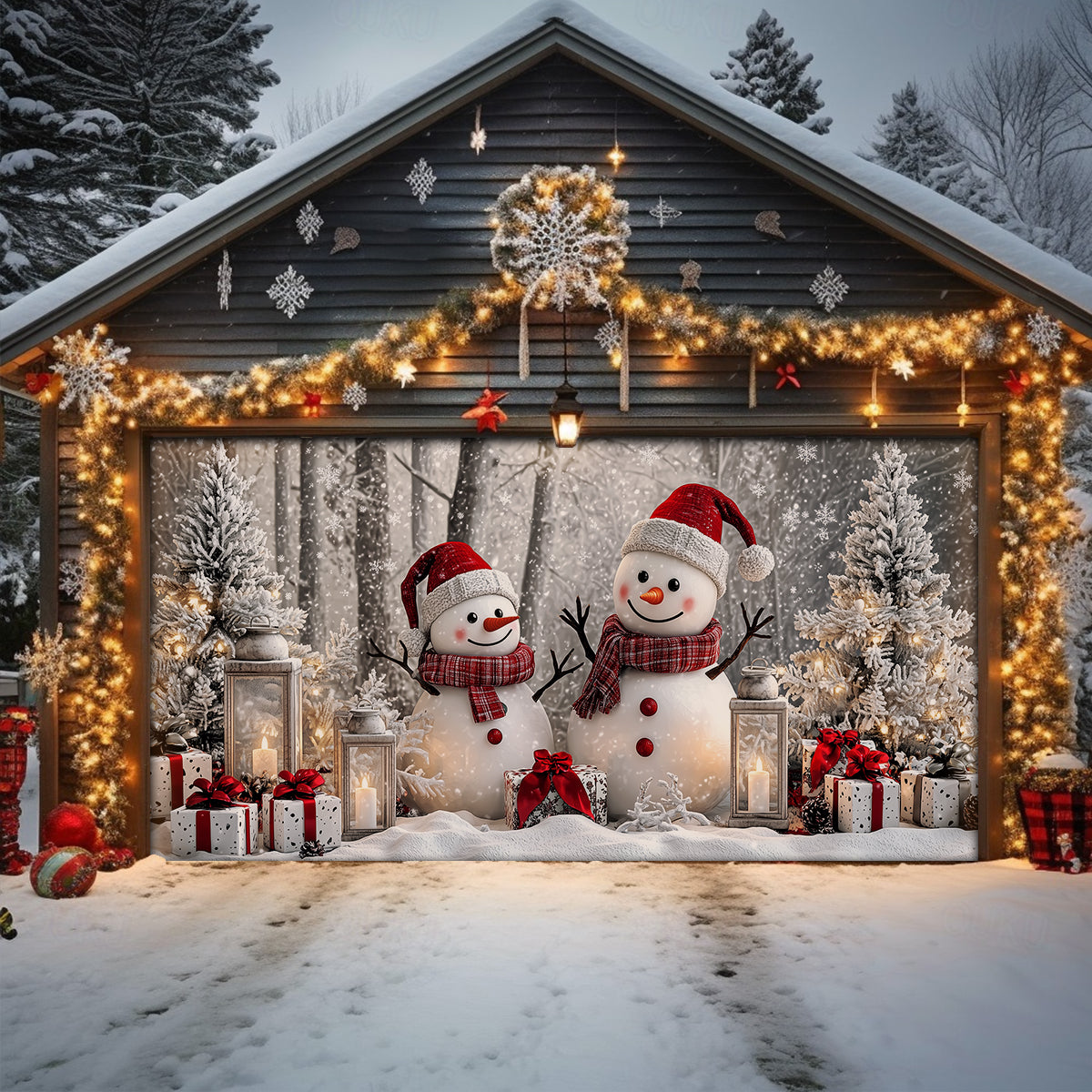 Shineful Garage Door Banner Decoration Winter Forest Happy Snowman Couple