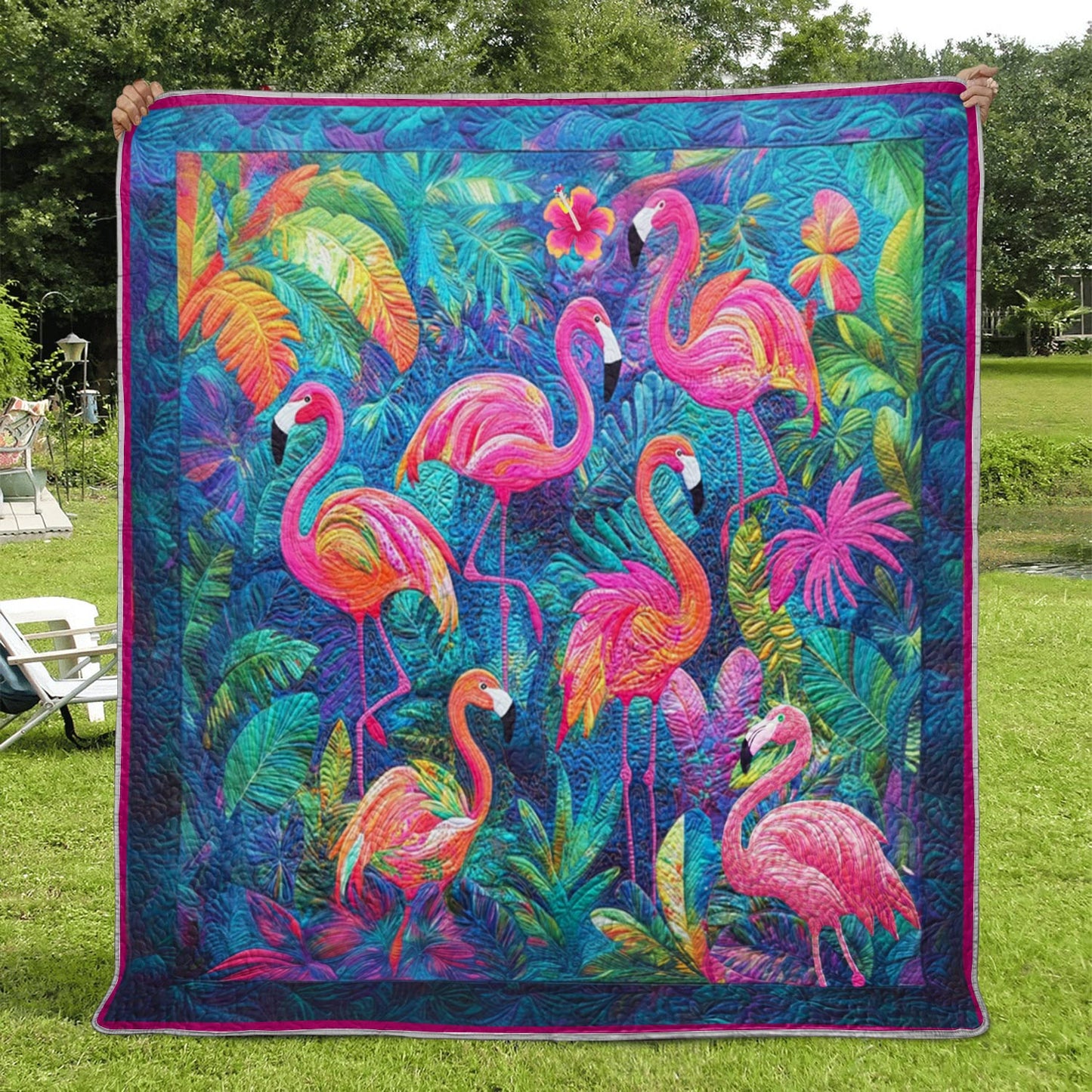 Shineful Flat Print Faux Quilt Blanket Tropical Flamingo Paradise