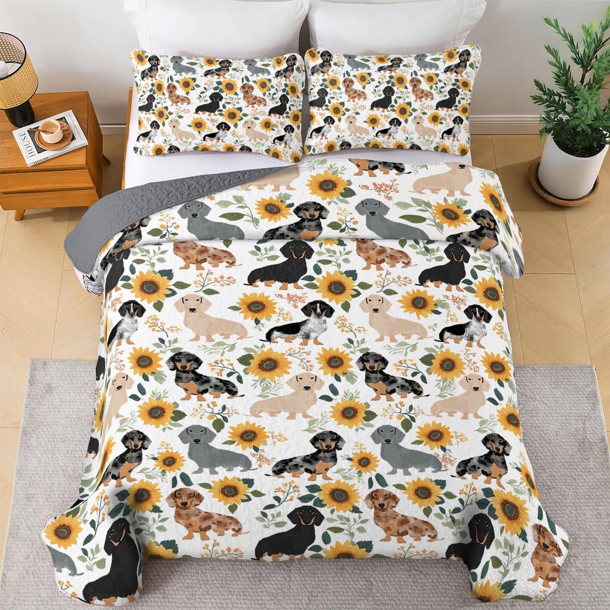 Shineful All Season Quilt 3-teiliges Set – Dackel und Sonnenblumen 