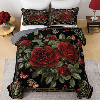 Shineful All Season Quilt 3-Piece Set Elegent Red Roses And Butterflies