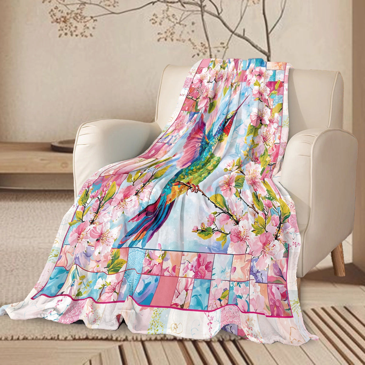 Shineful Fleece Blanket Floral Colorful Hummingbird