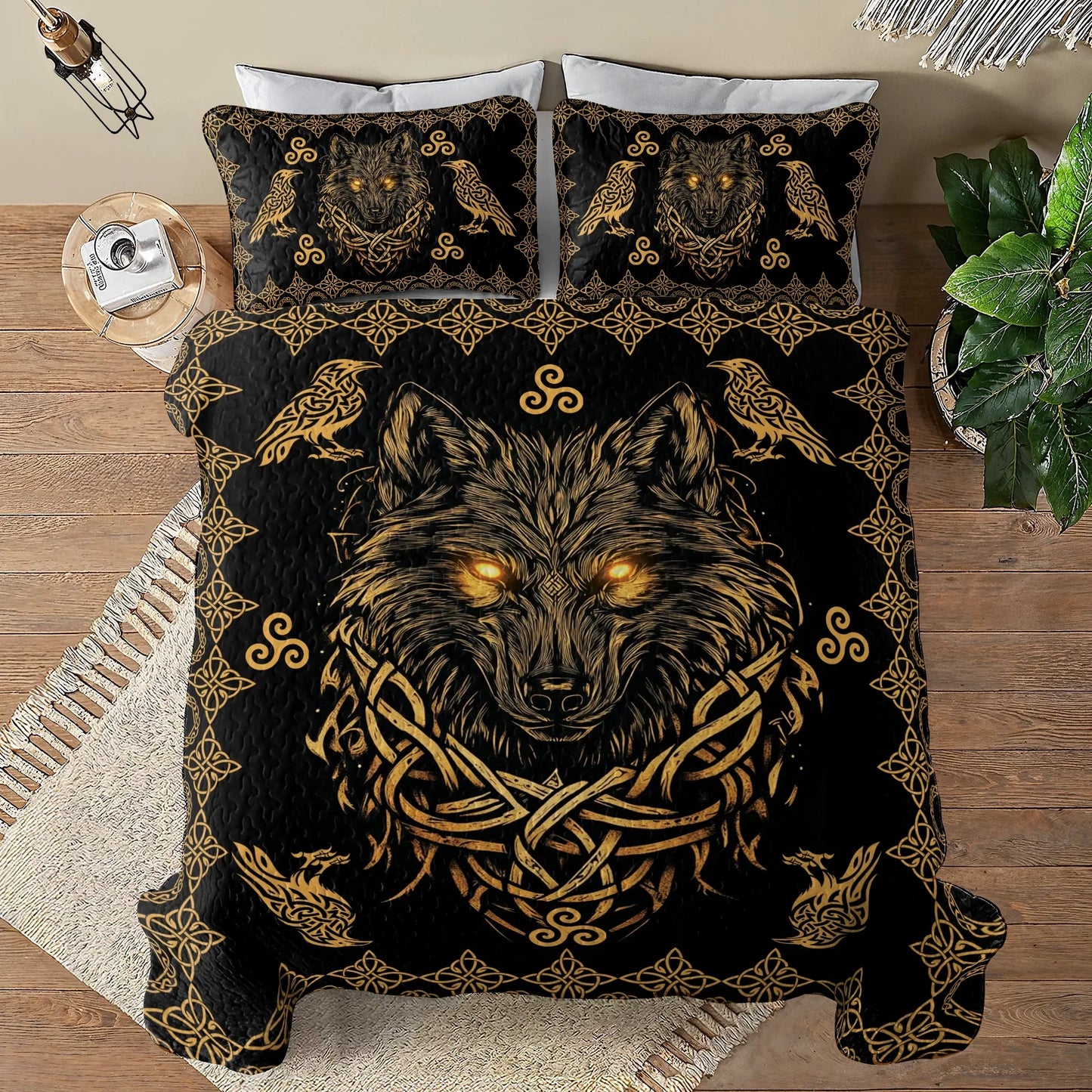 Shineful All Season Quilt 3-Piece Set Celestial Wolf Celtic