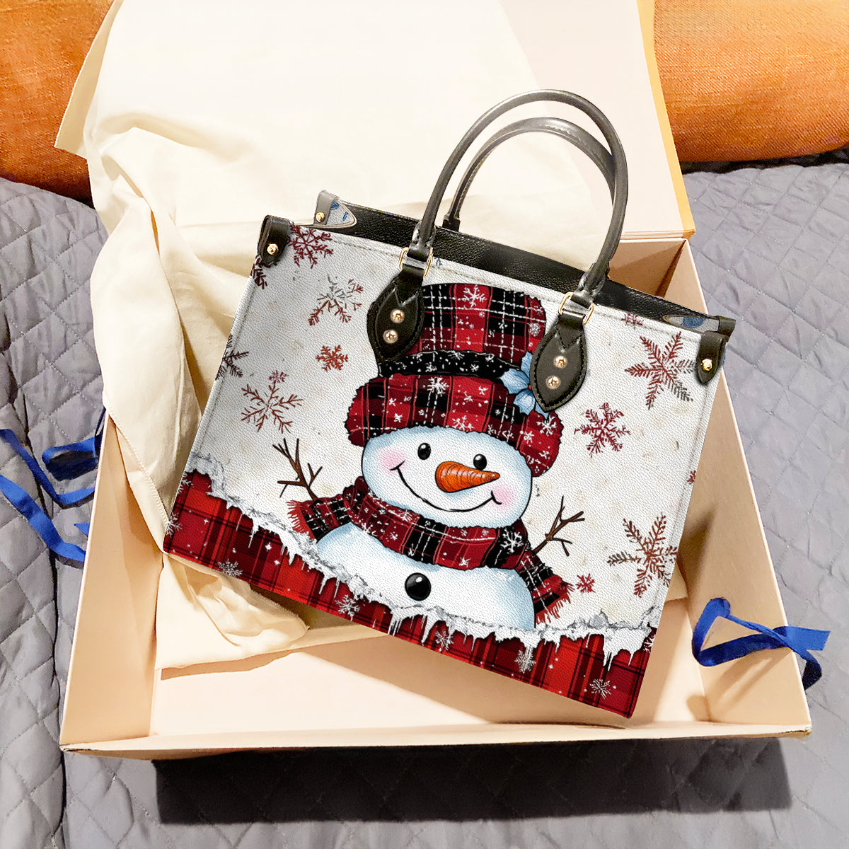 Shineful Leather Bag Plaid Snowman Joy