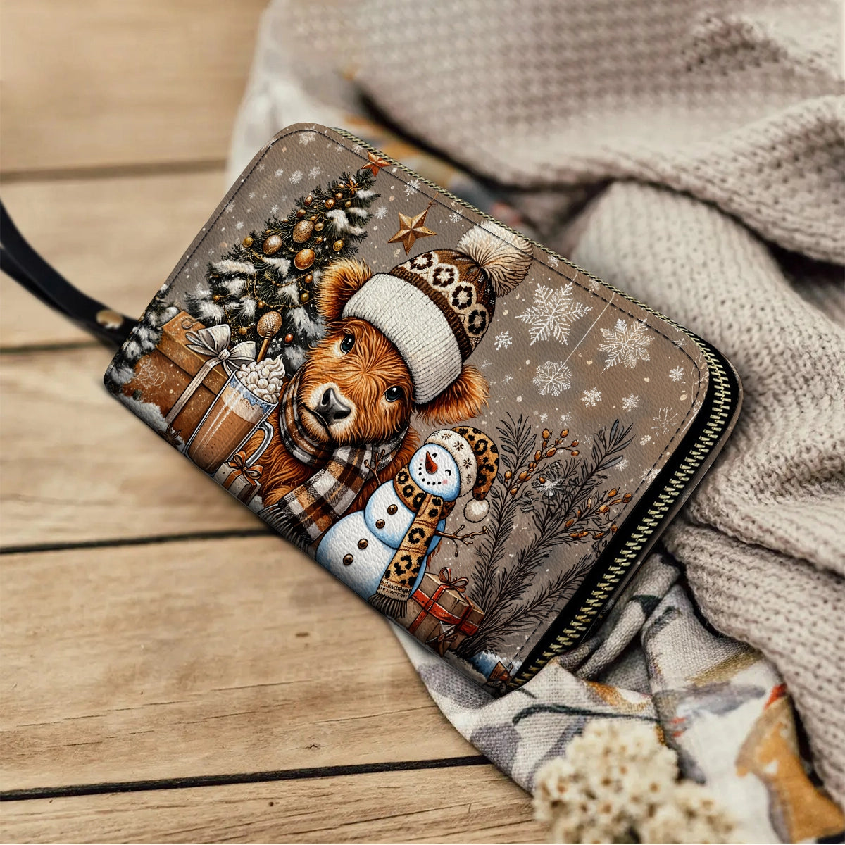 Shineful Leather Clutch Purse With Wristlet Strap Handle Cozy Cow Winter Wonderland Edition