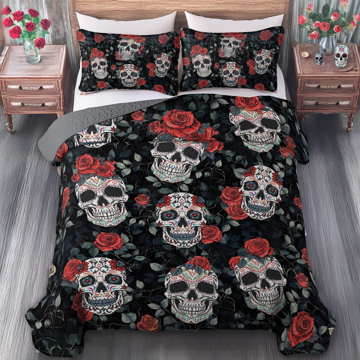 Shineful All Season Quilt 3-Piece Set - Dark Romance Sugar Skull