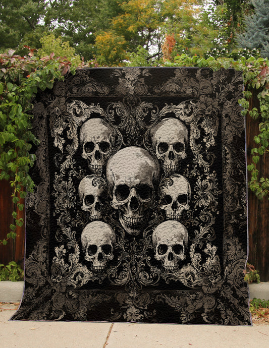 Shineful Flat Print Faux Quilt Blanket -  Gothic Skull Majesty