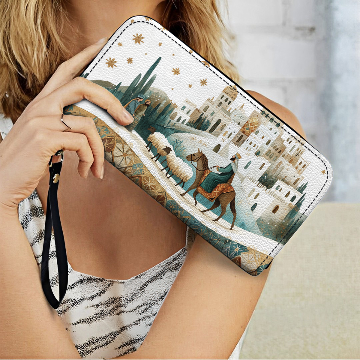 Shineful Leather Clutch Purse With Wristlet Strap Handle Starry Bethlehem Journey