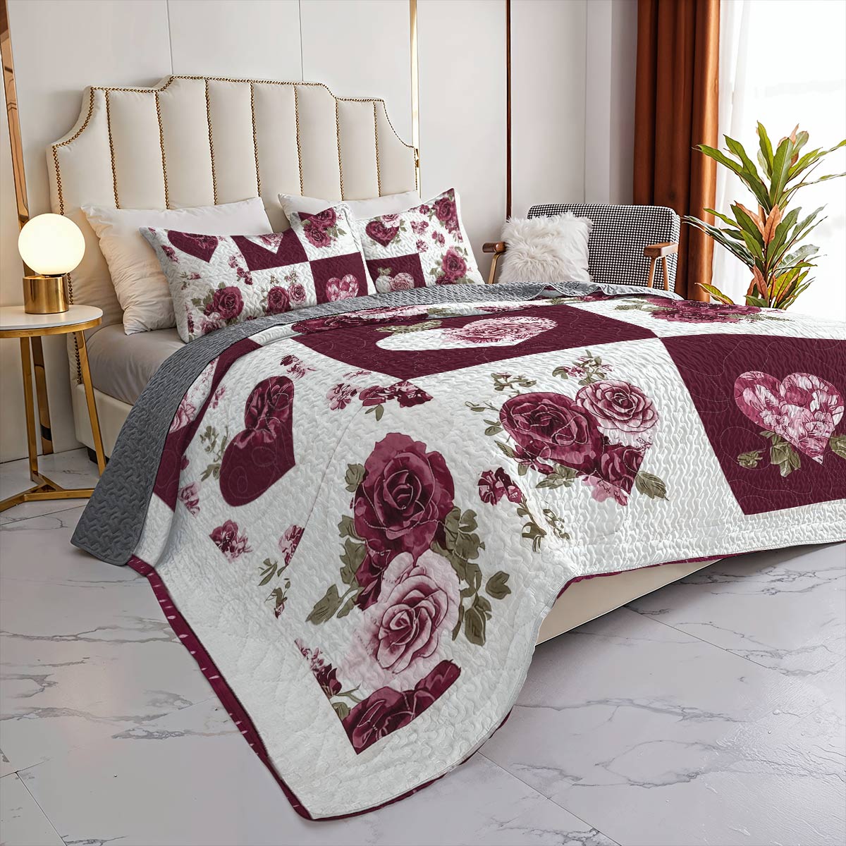 Shineful All Season Quilt 3-Piece Set - Hearts & Roses Elegance