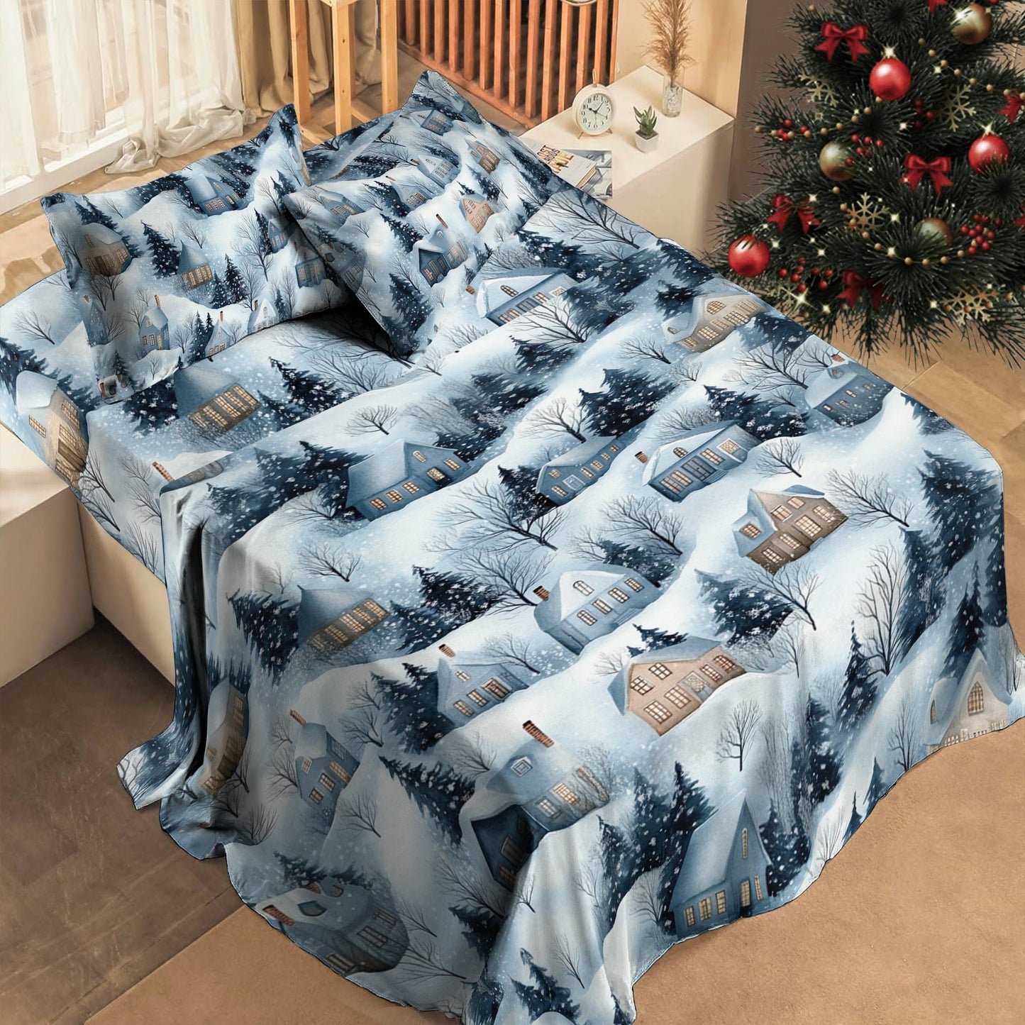 Shineful 4-Piece Bed Sheet Set Snow Village