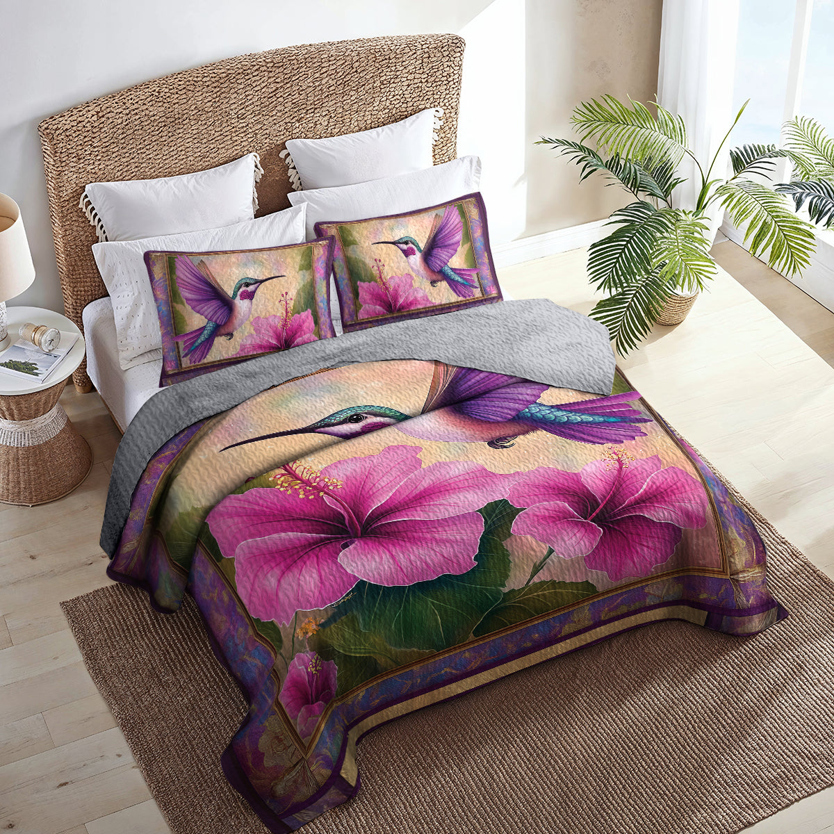 Shineful All Season Quilt 3-Piece Set - Whispers of Nature: Hummingbird & Hibiscus