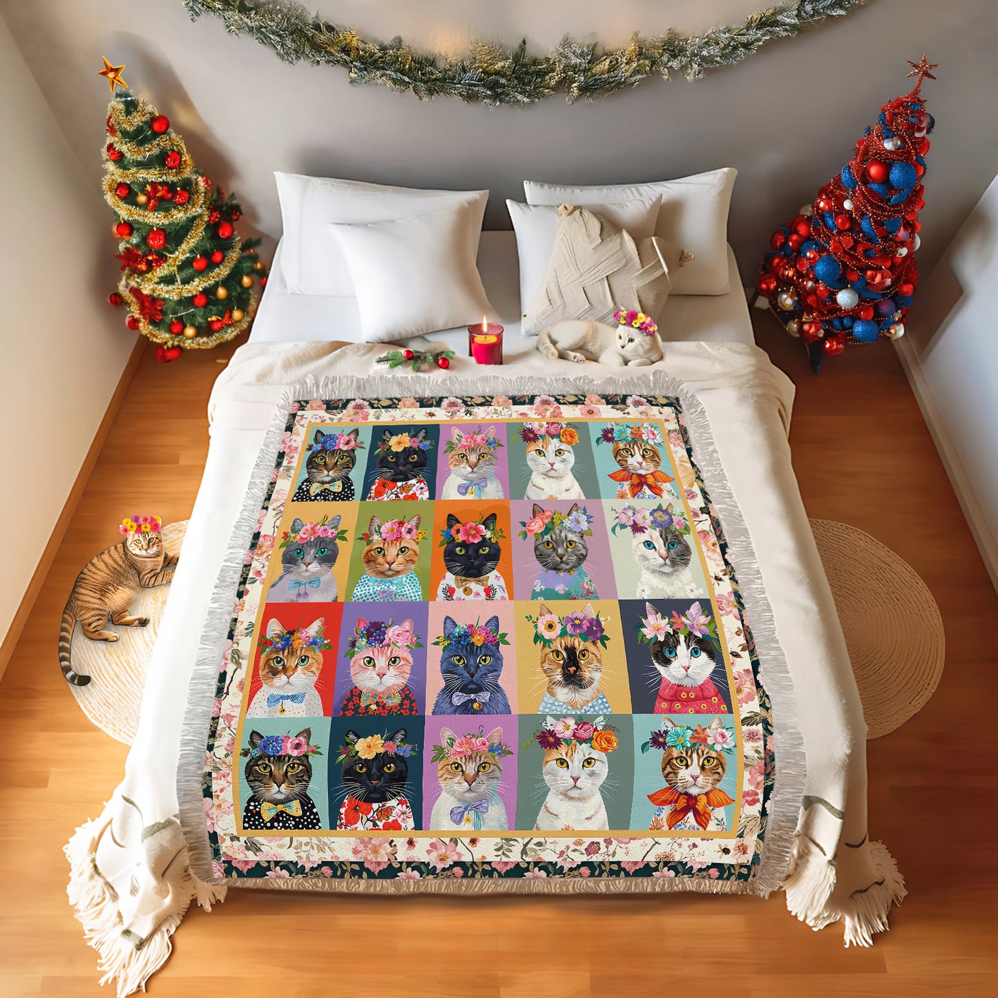 Shineful Woven Tapestry Throw Blanket - Floral Cat Fantasy