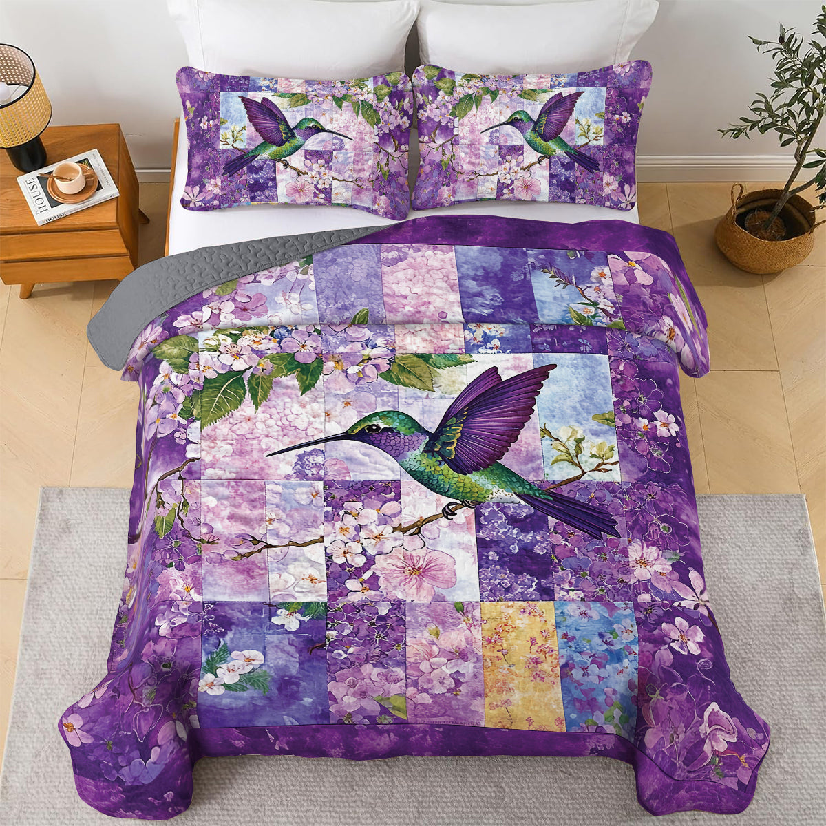 Shineful All Season Quilt 3-Piece Set - Blossoms & Hummingbird Serenity