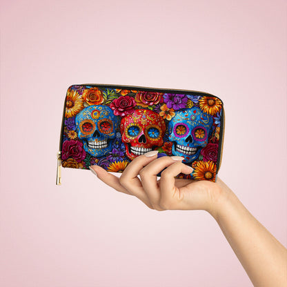 Shineful Leather Clutch Purse With Wristlet Strap Handle Vibrant Sugar Skull