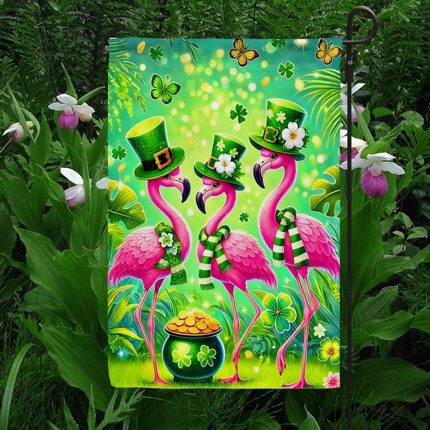 Shineful Garden Flag 12" x 18" Lucky Flamingo Trio