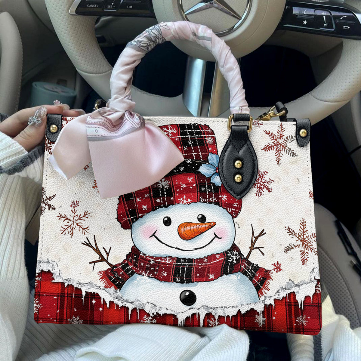 Shineful Leather Bag Plaid Snowman Joy