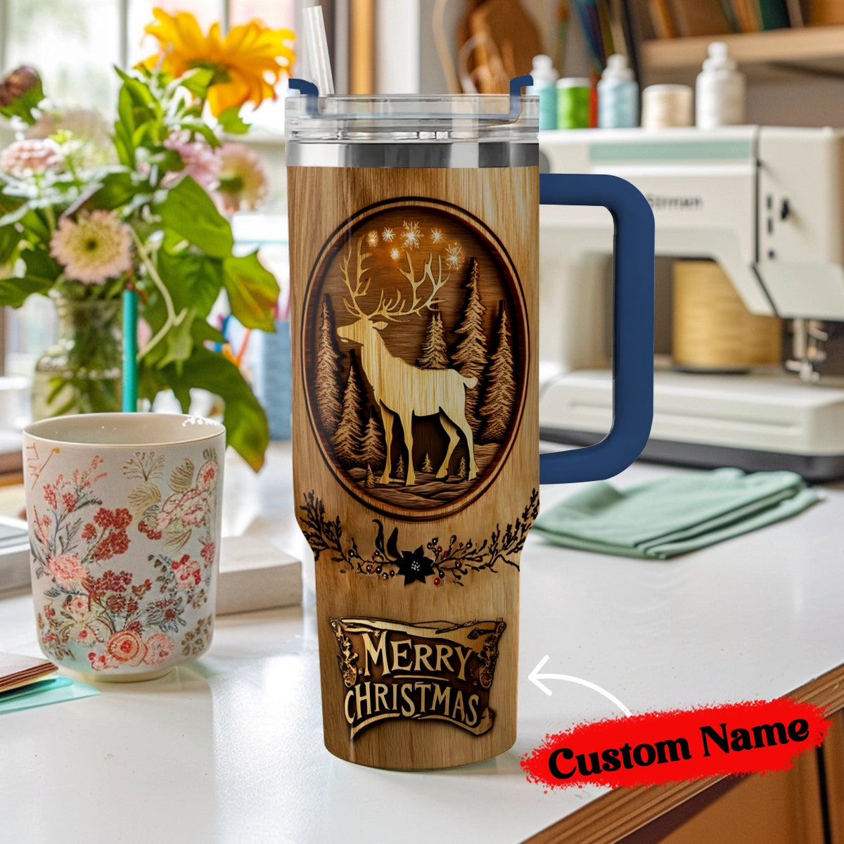 Shineful Glossy Tumbler Personalized Reindeer Woodcut Christmas