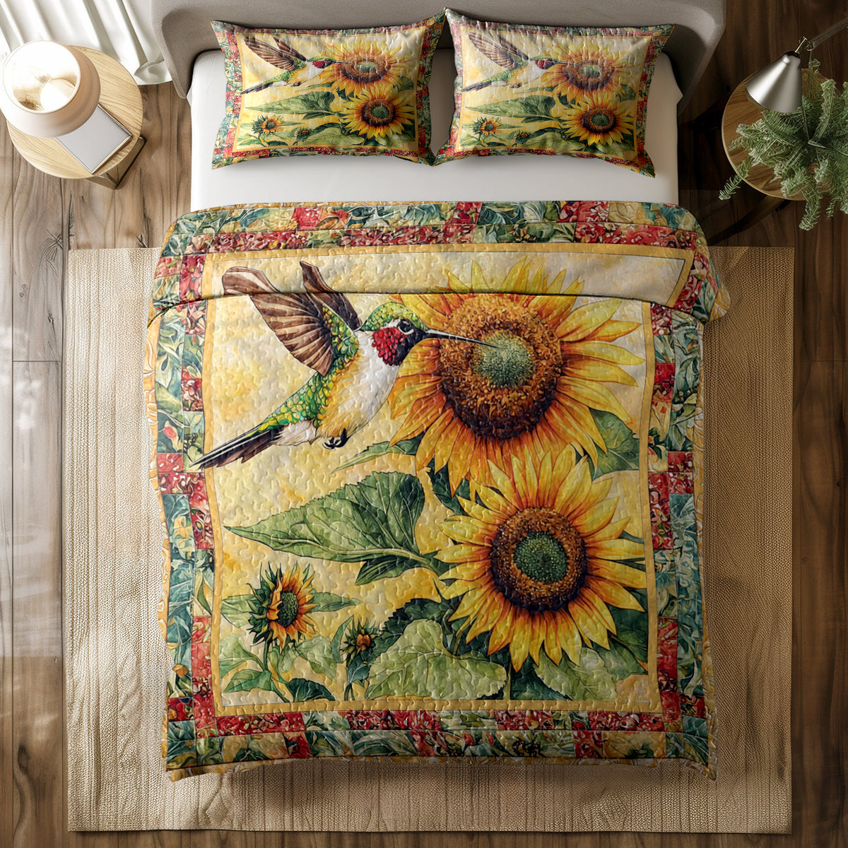 Shineful All Season Quilt 3-Piece Set Hummingbird And Sunflower