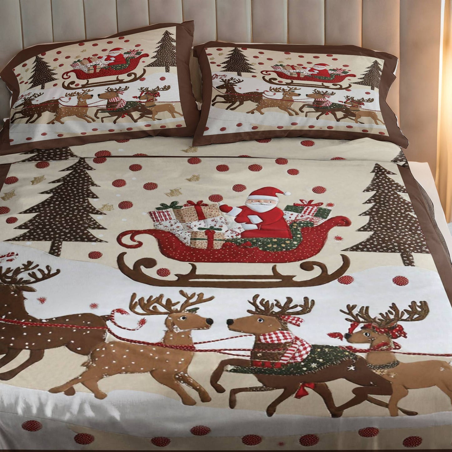 Shineful 4-Piece Bed Sheet Set Cozy Santa Claus With Reindeer Pulling His Sleigh Full Of Gifts