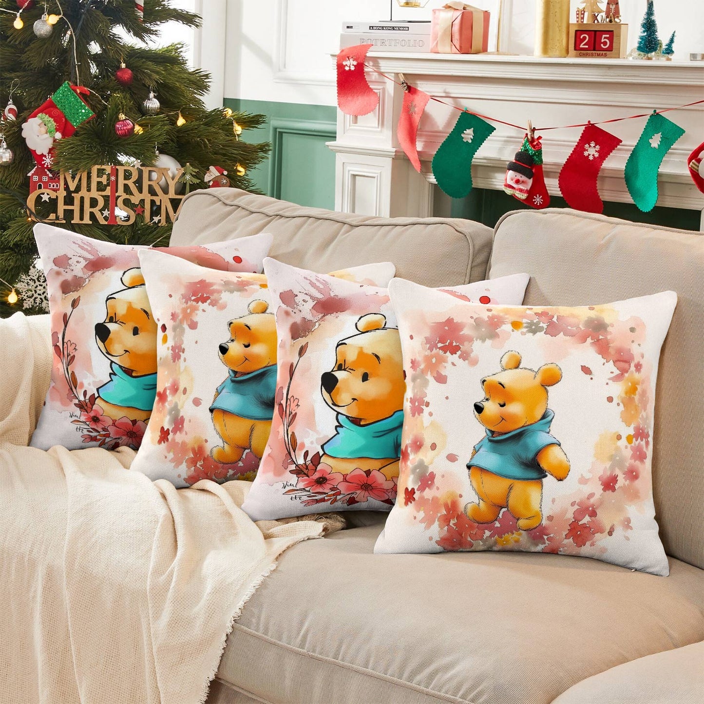 Housse de coussin, taie d'oreiller et taies d'oreiller imprimées en 2D brillantes Ensemble mignon Winnie l'ourson