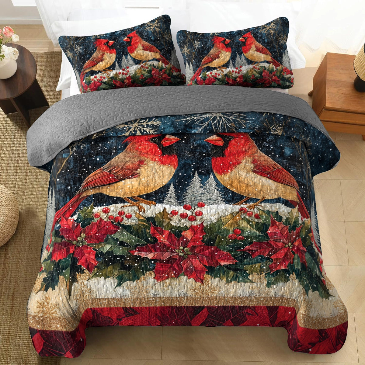 Shineful All Season Quilt 3-Piece Set - Cardinal Snowfall