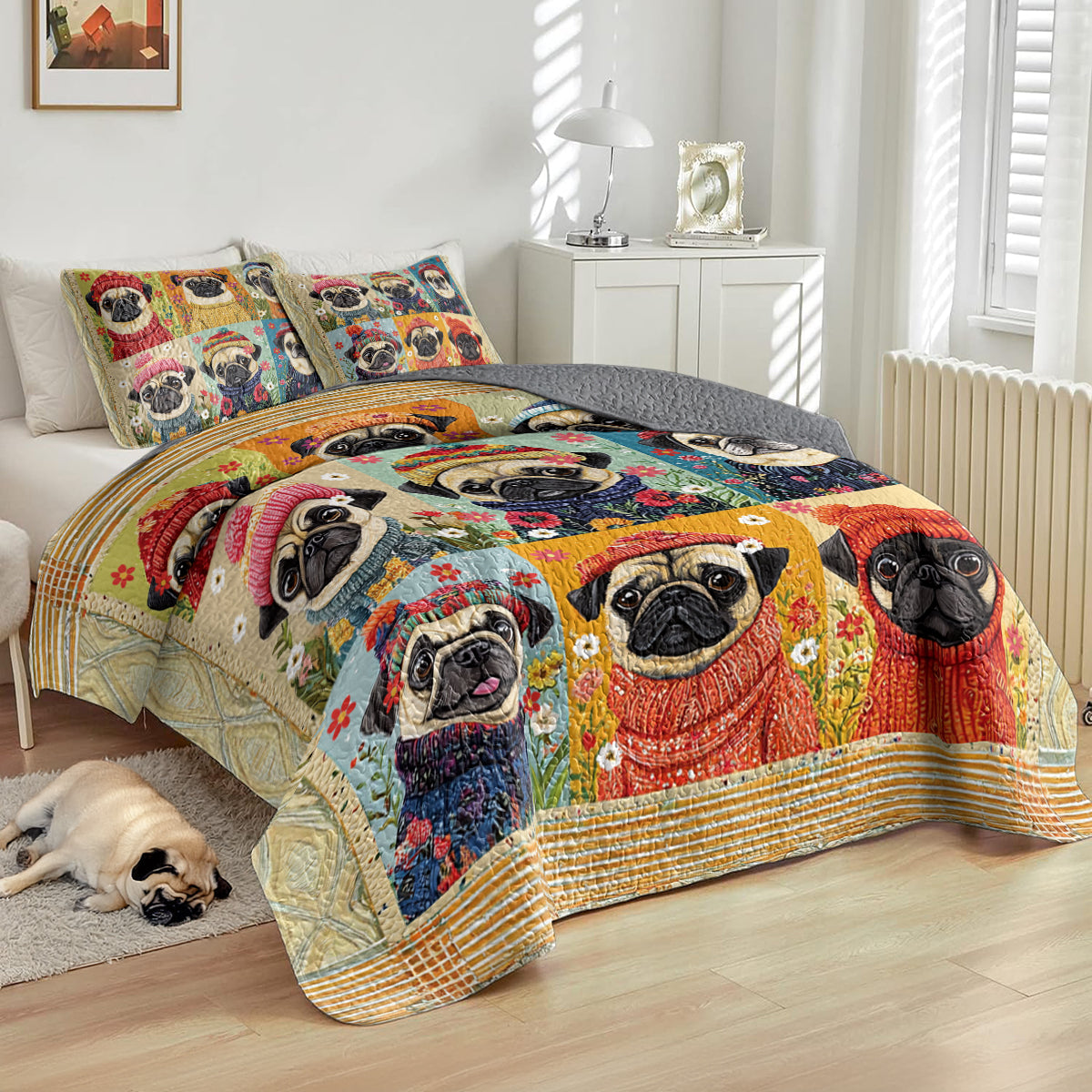 Shineful All Season Quilt 3-Piece Set Floral Pug Springtime