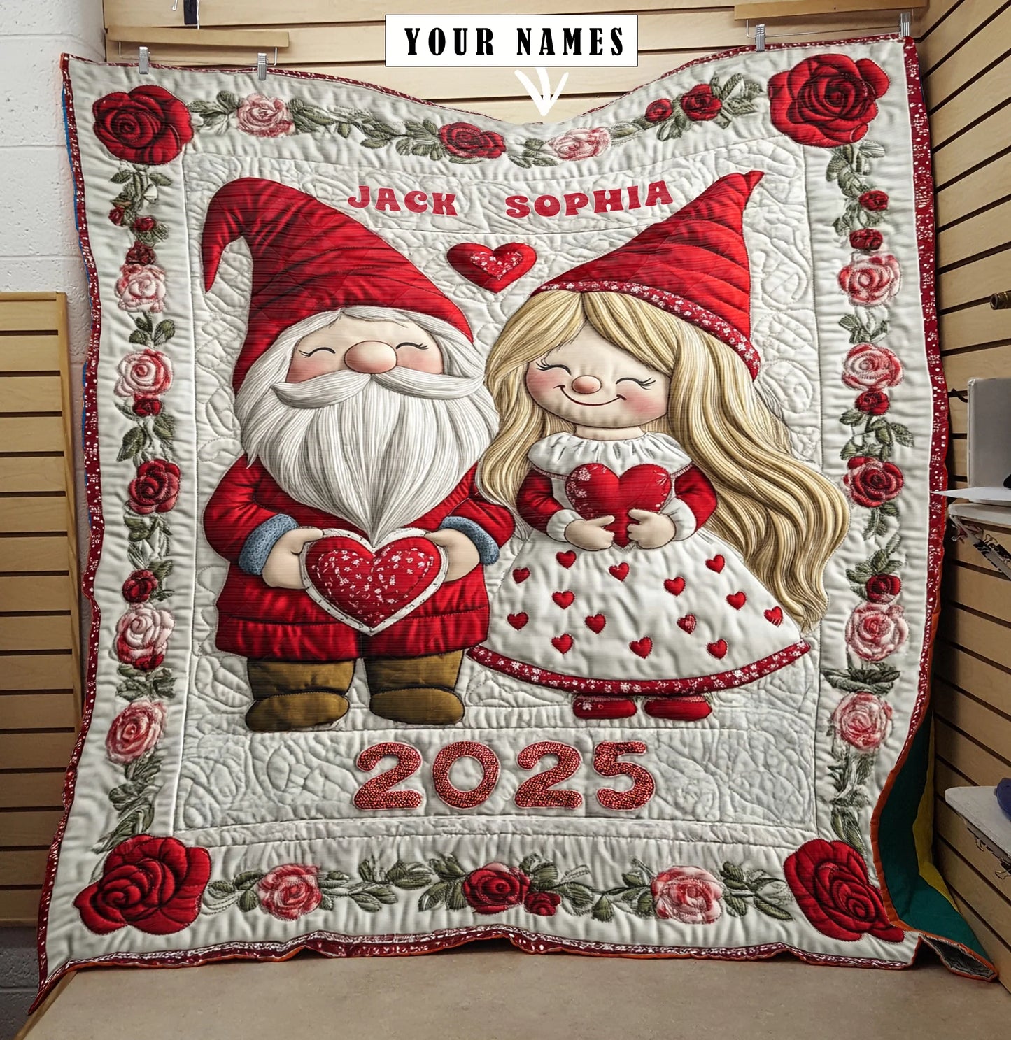 Shineful Flat Print Faux Quilt Blanket - Personalized Valentine Couple Bliss