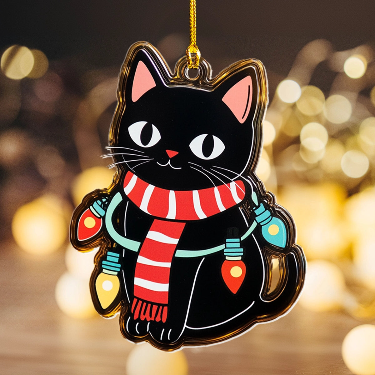 Glänzendes 2D-Ornament aus Acryl – Festliche Katze leuchtet