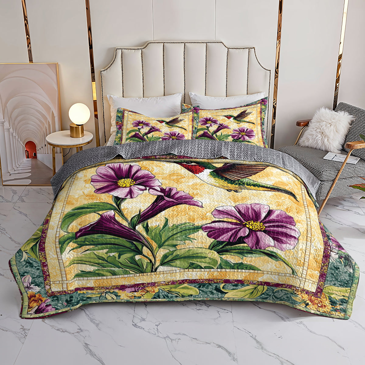 Shineful All Season Quilt 3-Piece Set Hummingbird And Trumpet Flower