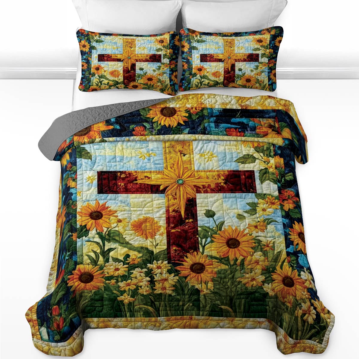 Shineful All Season Quilt 3-Piece Set Sunflower Cross