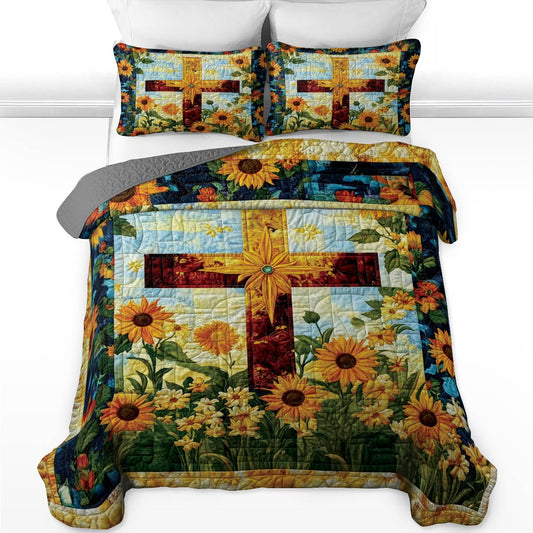 Ensemble de courtepointe toutes saisons Shineful 3 pièces Sunflower Cross