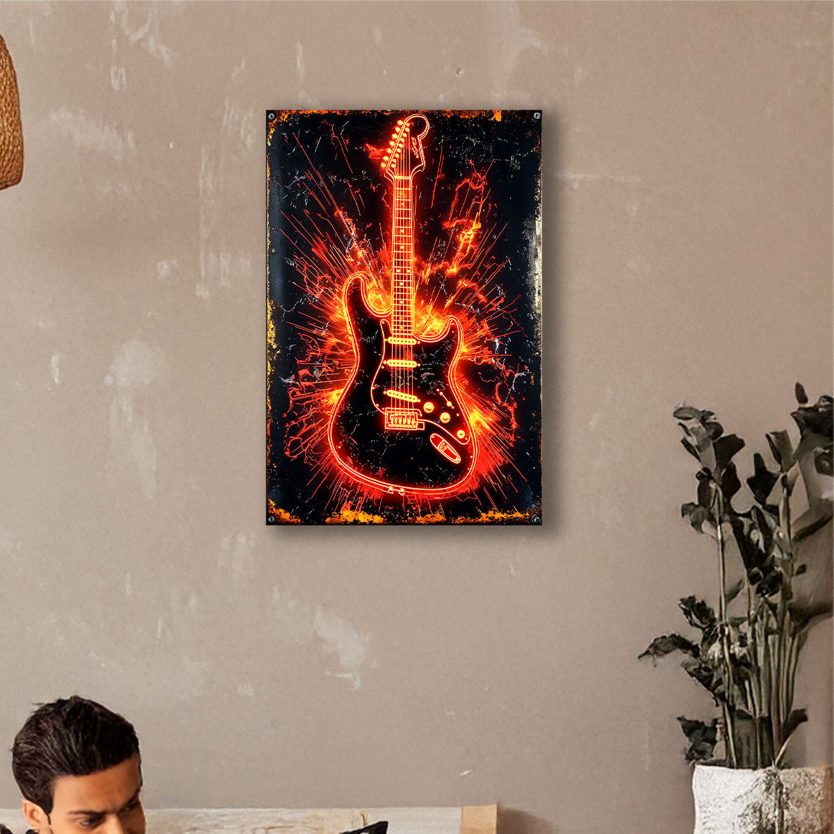 Shineful 2D Metal Sign - Fiery Guitar Explosion