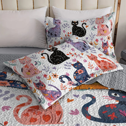 Shineful All Season Quilt 3-Piece Set Whimsical Cat Garden