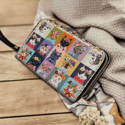 Shineful Leather Clutch Purse With Wristlet Strap Handle Floral Cat Fantasy