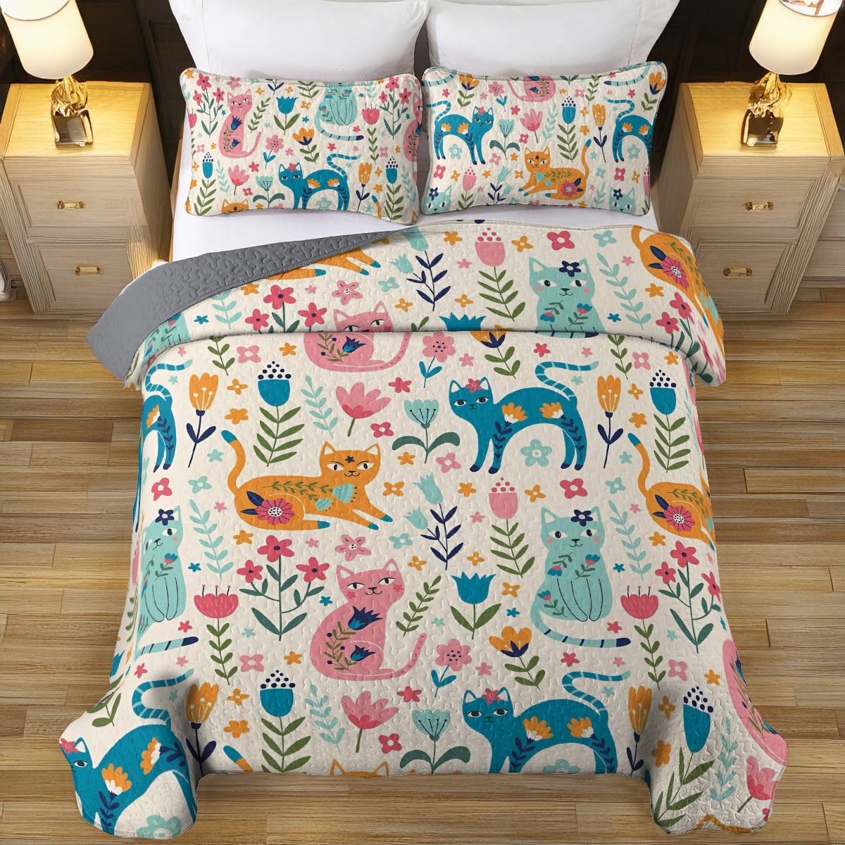 Shineful All Season Quilt 3-teiliges Set Floral Cats 