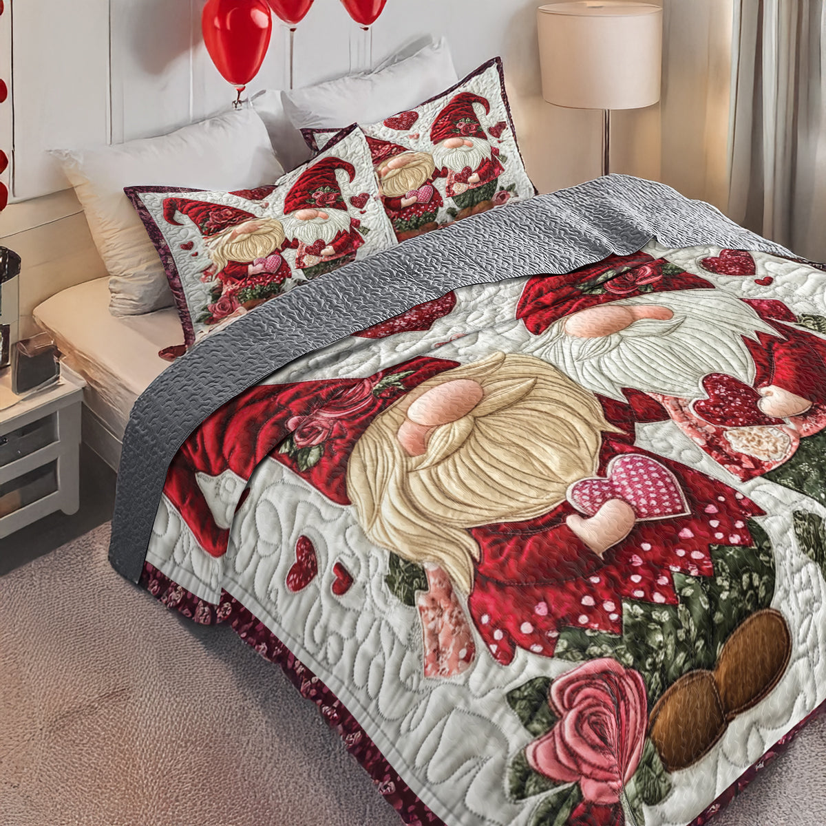 Shineful Flat Print All Season Quilt 3-Piece Set - Valentine Gnome