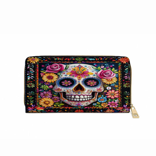 Shineful Leather Clutch Purse With Wristlet Strap Handle Calavera Floral Dreams