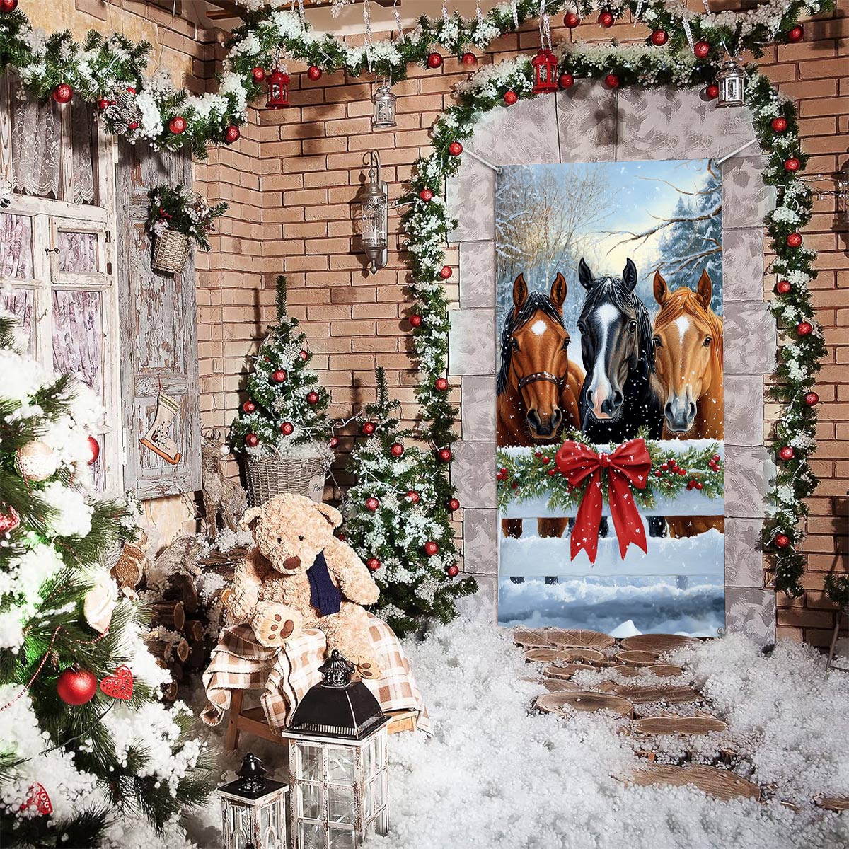 Shineful Door Cover Winter's Charm Horse Trio